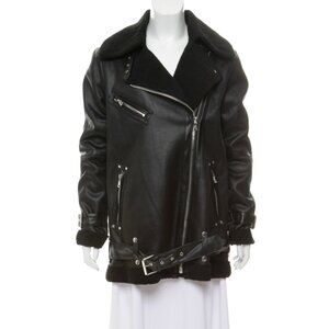 Avec Les Filles Faux Shearling Trim Faux Leather Biker Jacket Black Size XS